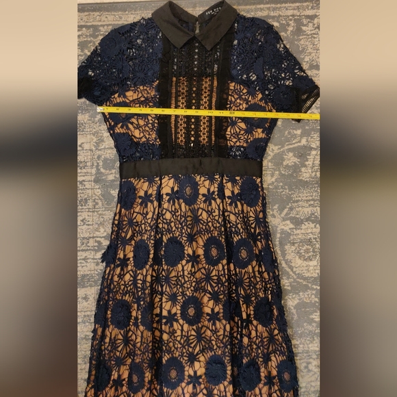 Few Moda NY hollow transparent cotton Elegant Navy Lace Black Trim Midi Dress - Picture 14 of 14